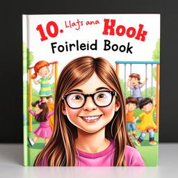 A delightful book cover featuring a cheerful 10-year-old girl with long brown hair and glasses, smiling joyfully in the foreground