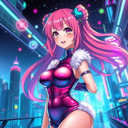 A vibrant anime girl with large breasts, wearing a shiny latex outfit, set against a futuristic background filled with glowing neon lights and advanced technology