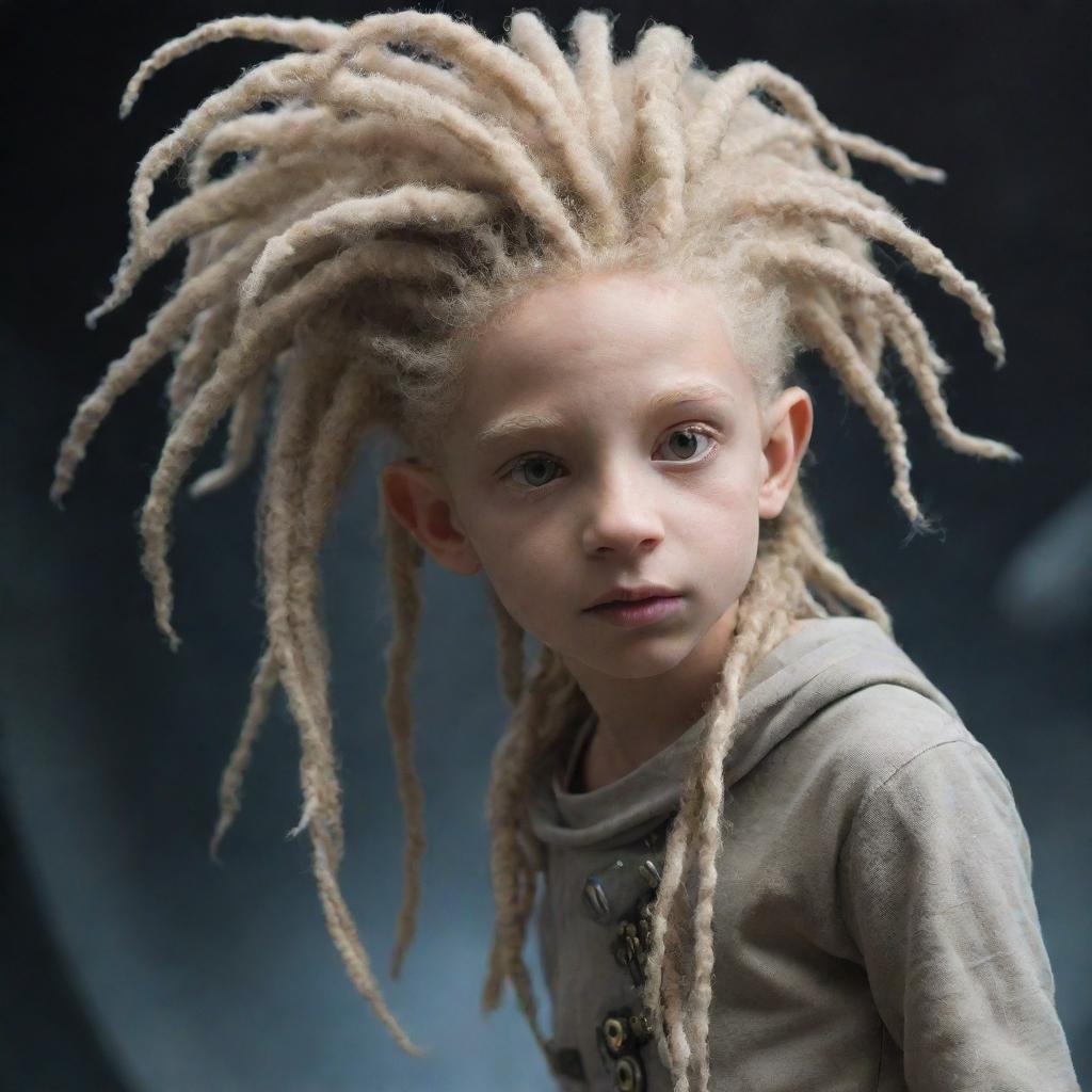 An alien boy who is a fusion of organic and mechanical elements, with blonde dreadlocks, immersed in an encounter with another extraterrestrial entity.