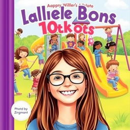 A delightful book cover featuring a cheerful 10-year-old girl with long brown hair and glasses, smiling joyfully in the foreground