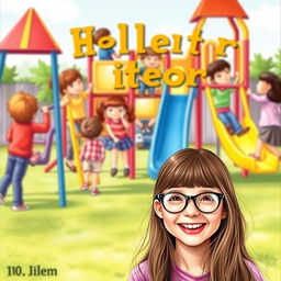 A delightful book cover featuring a cheerful 10-year-old girl with long brown hair and glasses, smiling joyfully in the foreground