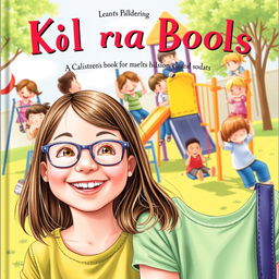 A delightful book cover featuring a cheerful 10-year-old girl with long brown hair and glasses, smiling joyfully in the foreground