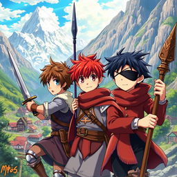 A fantasy anime cover featuring three young boys: a warrior with brown hair and blue eyes wielding a sword, a paladin with red hair and brown eyes holding a spear, and a magician with black hair wearing an eye patch over his right eye, carrying a wooden staff