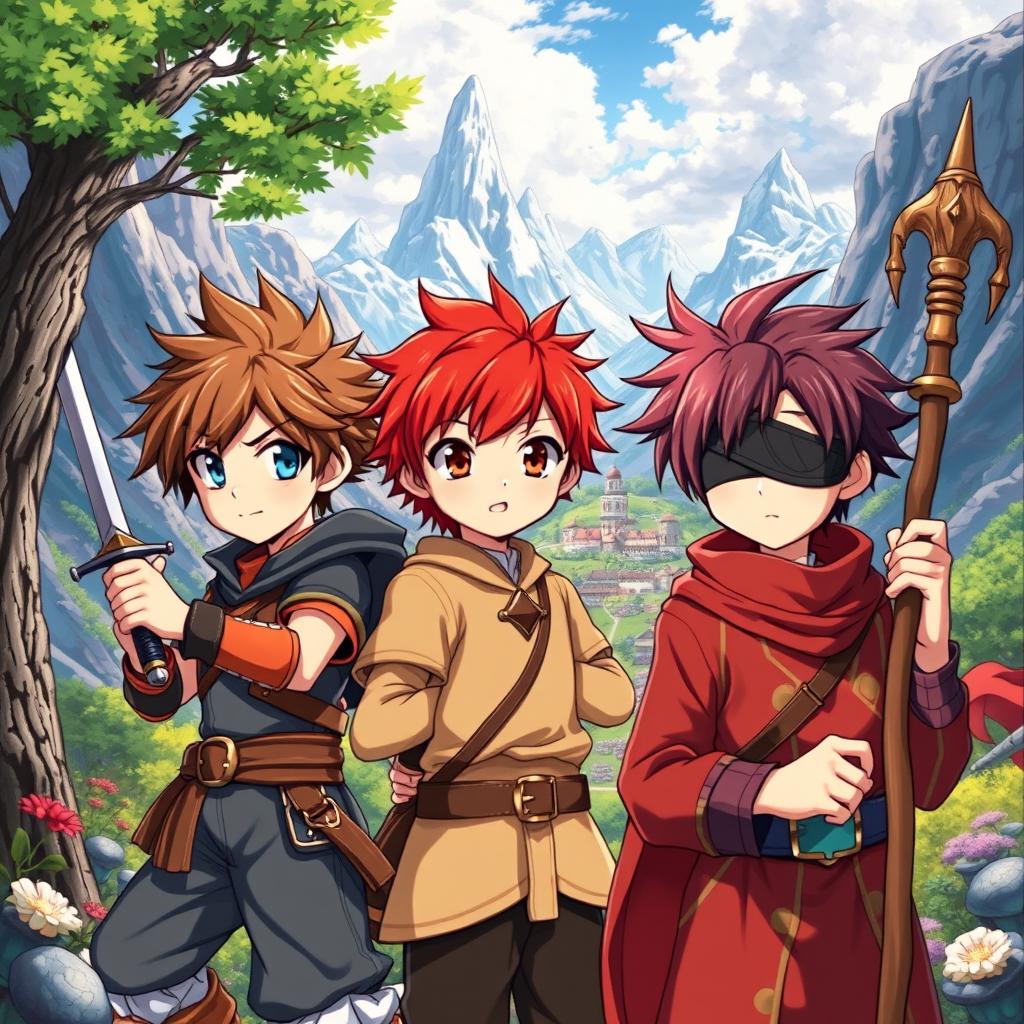 A fantasy anime cover featuring three young boys: a warrior with brown hair and blue eyes wielding a sword, a paladin with red hair and brown eyes holding a spear, and a magician with black hair wearing an eye patch over his right eye, carrying a wooden staff