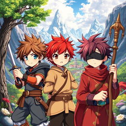 A fantasy anime cover featuring three young boys: a warrior with brown hair and blue eyes wielding a sword, a paladin with red hair and brown eyes holding a spear, and a magician with black hair wearing an eye patch over his right eye, carrying a wooden staff