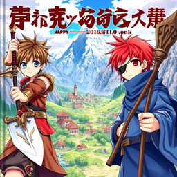 A fantasy anime cover featuring three young boys: a warrior with brown hair and blue eyes wielding a sword, a paladin with red hair and brown eyes holding a spear, and a magician with black hair wearing an eye patch over his right eye, carrying a wooden staff