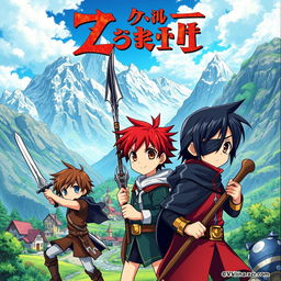 A fantasy anime cover featuring three young boys: a warrior with brown hair and blue eyes wielding a sword, a paladin with red hair and brown eyes holding a spear, and a magician with black hair wearing an eye patch over his right eye, carrying a wooden staff