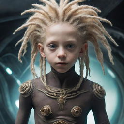 An alien boy who is a fusion of organic and mechanical elements, with blonde dreadlocks, immersed in an encounter with another extraterrestrial entity.