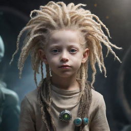 An alien boy who is a fusion of organic and mechanical elements, with blonde dreadlocks, immersed in an encounter with another extraterrestrial entity.