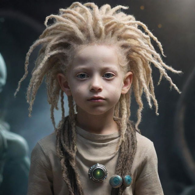 An alien boy who is a fusion of organic and mechanical elements, with blonde dreadlocks, immersed in an encounter with another extraterrestrial entity.