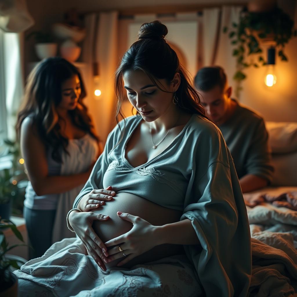 A powerful and intimate scene capturing a woman in a serene and natural birth setting, surrounded by soft, warm lighting