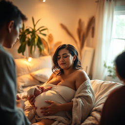 A powerful and intimate scene capturing a woman in a serene and natural birth setting, surrounded by soft, warm lighting