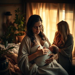 A powerful and intimate scene capturing a woman in a serene and natural birth setting, surrounded by soft, warm lighting