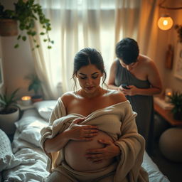 A powerful and intimate scene capturing a woman in a serene and natural birth setting, surrounded by soft, warm lighting