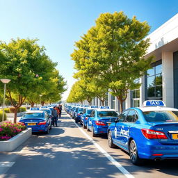 A vibrant airport taxi commercial scene, showcasing blue and white taxis lining up outside a modern terminal