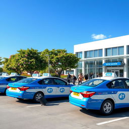 A vibrant airport taxi commercial scene, showcasing blue and white taxis lining up outside a modern terminal