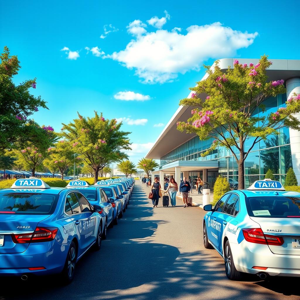 A vibrant airport taxi commercial scene, showcasing blue and white taxis lining up outside a modern terminal