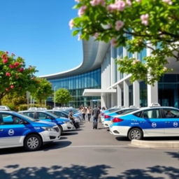 A vibrant airport taxi commercial scene, showcasing blue and white taxis lining up outside a modern terminal