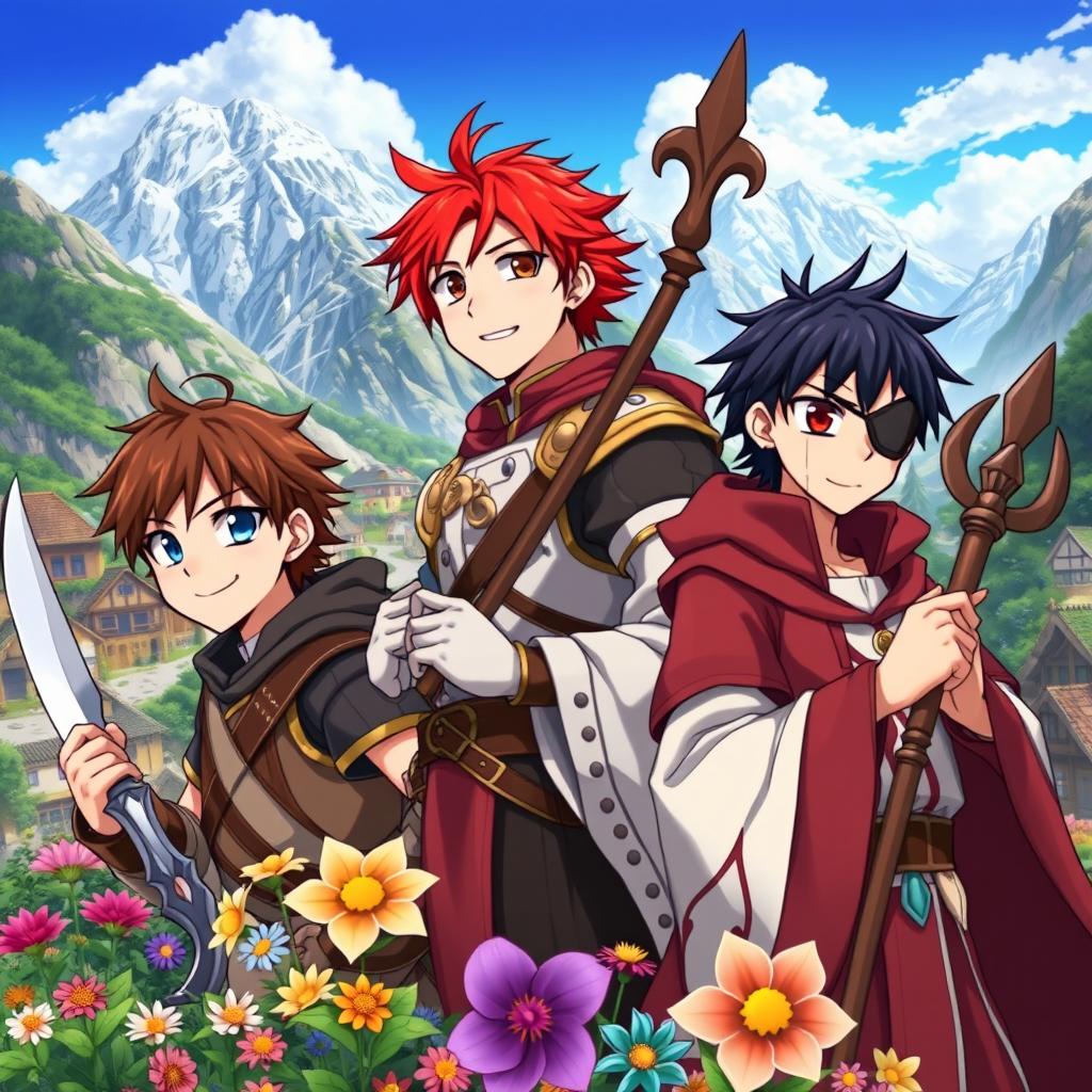 A vibrant fantasy anime cover featuring three young boys, all around 16 years old