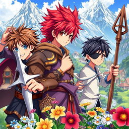 A vibrant fantasy anime cover featuring three young boys, all around 16 years old