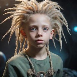 An alien boy who is a fusion of organic and mechanical elements, with blonde dreadlocks, immersed in an encounter with another extraterrestrial entity.