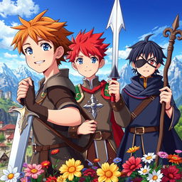 A vibrant fantasy anime cover featuring three young boys, all around 16 years old