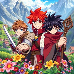 A vibrant fantasy anime cover featuring three young boys, all around 16 years old