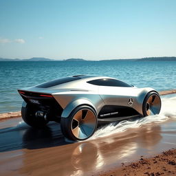 A futuristic vehicle designed for dual functionality, capable of transitioning seamlessly from land to water