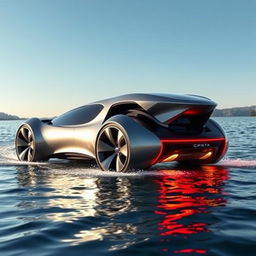 A futuristic vehicle designed for dual functionality, capable of transitioning seamlessly from land to water