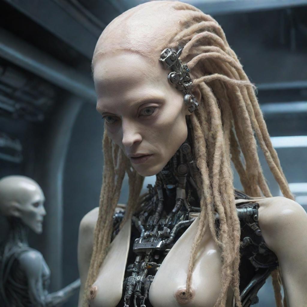 A cybernetic alien being, a mix of organic and mechanical parts, with blonde dreadlocks, amidst a surreal encounter with another extraterrestrial entity.