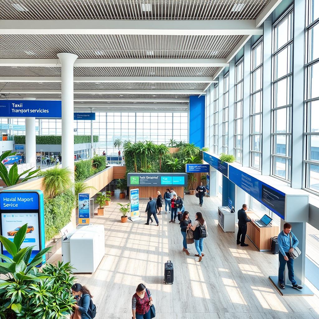 An indoor airport commercial space dedicated to transport services, prominently featuring blue and white colors