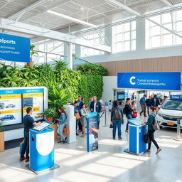 An indoor airport commercial space dedicated to transport services, prominently featuring blue and white colors