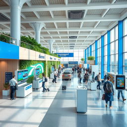 An indoor airport commercial space dedicated to transport services, prominently featuring blue and white colors