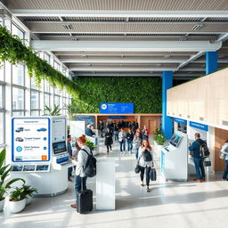 An indoor airport commercial space dedicated to transport services, prominently featuring blue and white colors