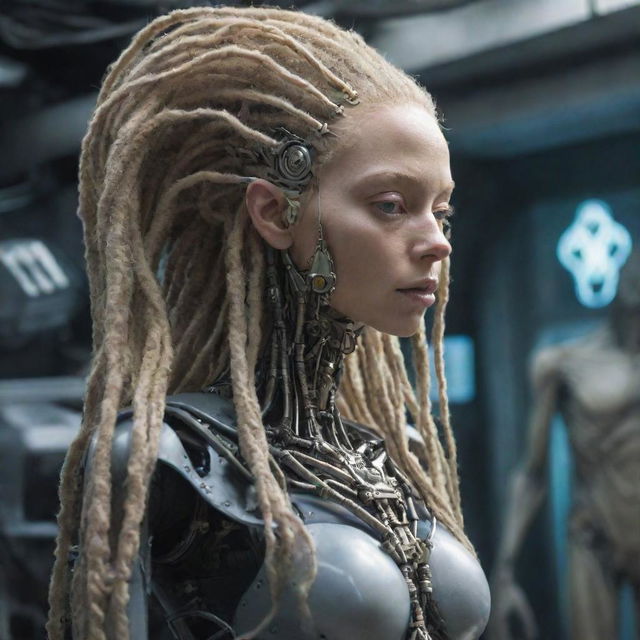 A cybernetic alien being, a mix of organic and mechanical parts, with blonde dreadlocks, amidst a surreal encounter with another extraterrestrial entity.