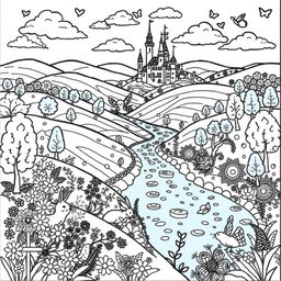 An intricate coloring page design featuring a whimsical landscape with rolling hills, a tranquil river, and a variety of fantastical trees and flowers