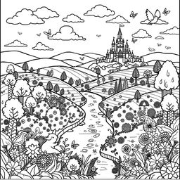 An intricate coloring page design featuring a whimsical landscape with rolling hills, a tranquil river, and a variety of fantastical trees and flowers