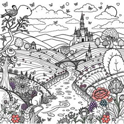 An intricate coloring page design featuring a whimsical landscape with rolling hills, a tranquil river, and a variety of fantastical trees and flowers