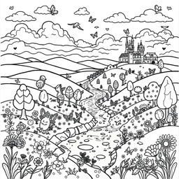 An intricate coloring page design featuring a whimsical landscape with rolling hills, a tranquil river, and a variety of fantastical trees and flowers