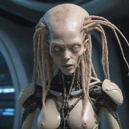 A cybernetic alien being, a mix of organic and mechanical parts, with blonde dreadlocks, amidst a surreal encounter with another extraterrestrial entity.