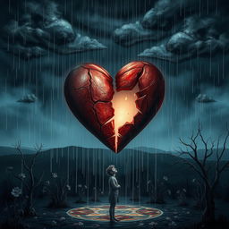 A visually striking depiction of heartbreak symbolized through a shattered heart, surrounded by dark stormy clouds, rain pouring down