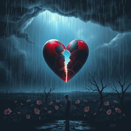 A visually striking depiction of heartbreak symbolized through a shattered heart, surrounded by dark stormy clouds, rain pouring down