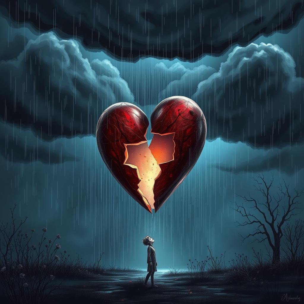 A visually striking depiction of heartbreak symbolized through a shattered heart, surrounded by dark stormy clouds, rain pouring down