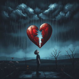 A visually striking depiction of heartbreak symbolized through a shattered heart, surrounded by dark stormy clouds, rain pouring down