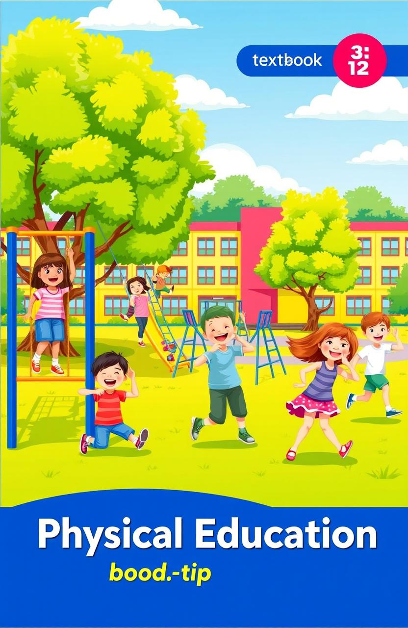 A vibrant and engaging cover for a Physical Education textbook, featuring a cheerful playground scene with a diverse group of children playing joyfully