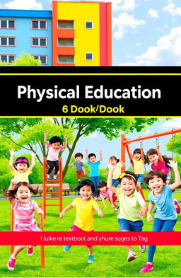 A vibrant and engaging cover for a Physical Education textbook, featuring a cheerful playground scene with a diverse group of children playing joyfully