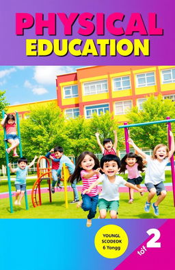 A vibrant and engaging cover for a Physical Education textbook, featuring a cheerful playground scene with a diverse group of children playing joyfully