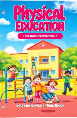 A vibrant and engaging cover for a Physical Education textbook, featuring a cheerful playground scene with a diverse group of children playing joyfully