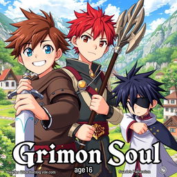 Anime cover for "Grimon Soul" featuring three young boys aged 16 in a fantasy setting