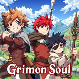 Anime cover for "Grimon Soul" featuring three young boys aged 16 in a fantasy setting